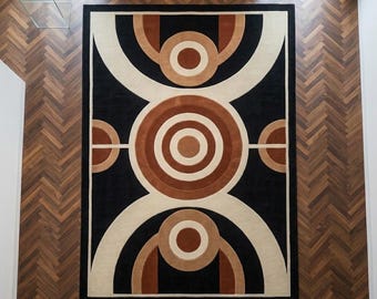 70s Retro Geometric Area Rug, Abstract Art Deco Living Room Floor Rug