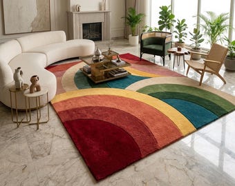 Colorful Rainbow Tufted Wool Rug, Modern Geometric Abstract Carpet