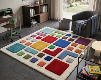 Colorful Geometric Tufted Wool Rug, Modern Scandinavian Nursery Carpet