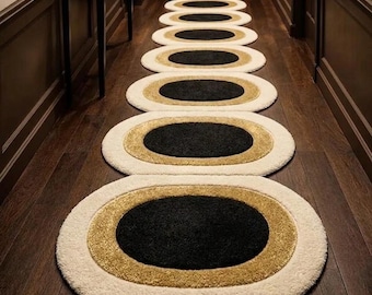 70s Modern Circle Runner Rug Set, 3x12 feet and more sizes, Black Beige Hallway Carpet, Contemporary Floor Decor