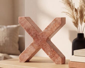 Hand-Carved Travertine X Sculpture, Minimalist Decor