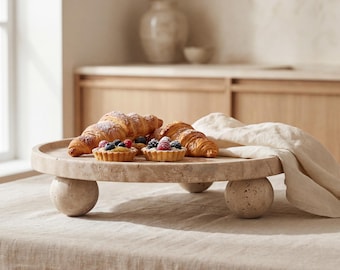 Handmade Travertine Pedestal Tray With Spherical Feet