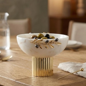 White Marble Bowl with Gold Pedestal & Olive Branch Accent image 1