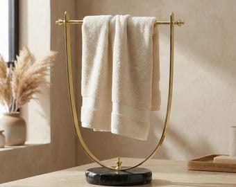 Polished Brass Towel Holder, Black Marble Base, Modern Bathroom Vanity Accessory