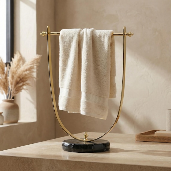 Polished Brass Towel Holder, Black Marble Base, Modern Bathroom Vanity Accessory