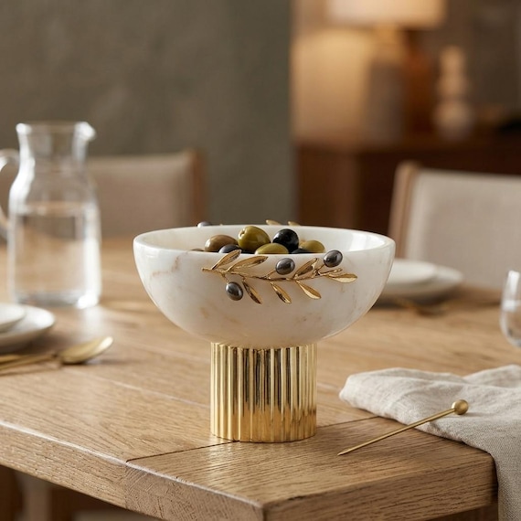 White Marble Bowl with Gold Pedestal & Olive Branch Accent