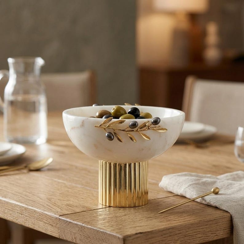 White Marble Bowl with Gold Pedestal & Olive Branch Accent image 1