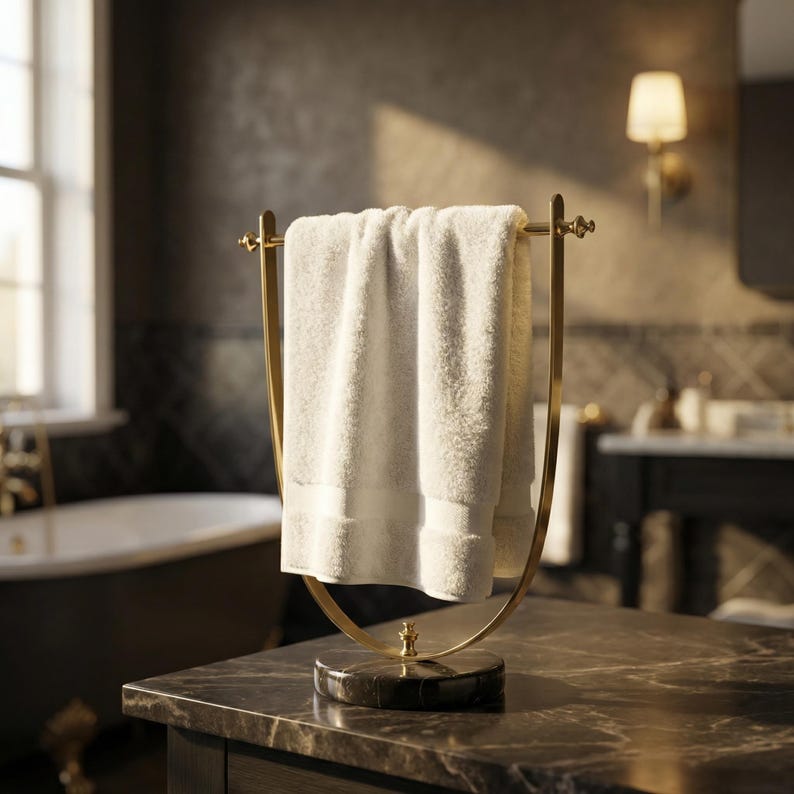 Portasciugamani in ottone lucido, base in marmo nero, accessorio moderno per il bagno. immagine 10