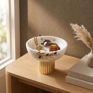 White Marble Bowl with Gold Pedestal & Olive Branch Accent image 4