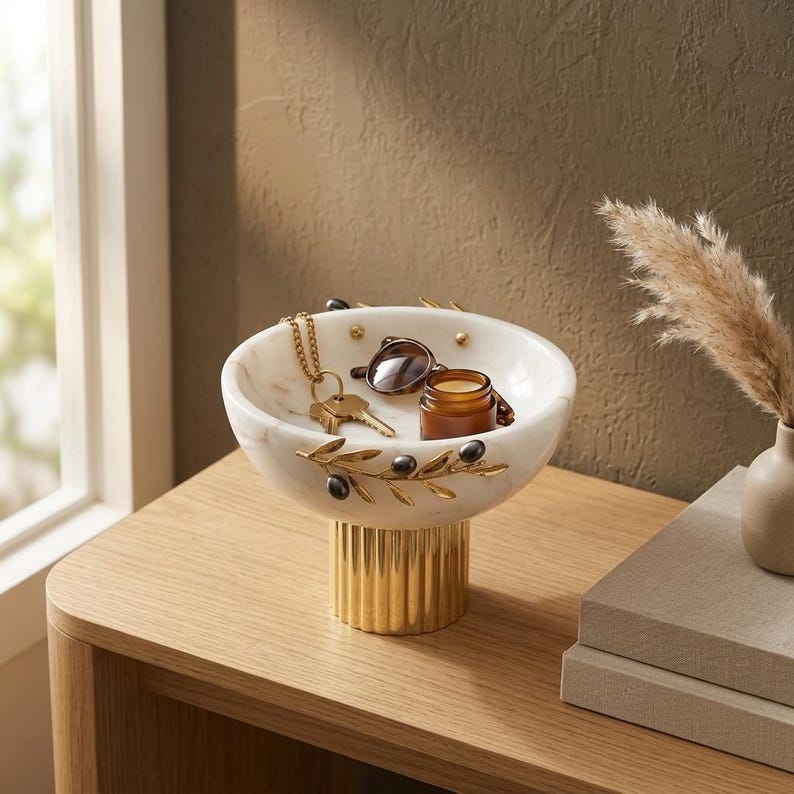 White Marble Bowl with Gold Pedestal & Olive Branch Accent image 4