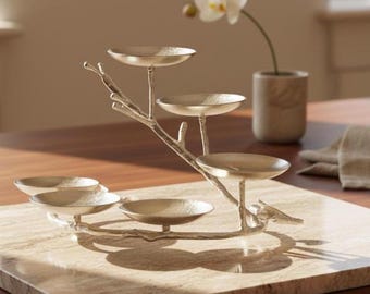 Handmade Silver-Plated Brass Serving Stand With Six Bowls