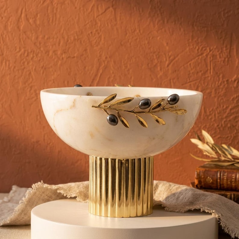 White Marble Bowl with Gold Pedestal & Olive Branch Accent image 2