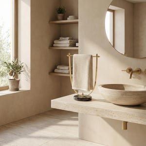Portasciugamani in ottone lucido, base in marmo nero, accessorio moderno per il bagno. immagine 9