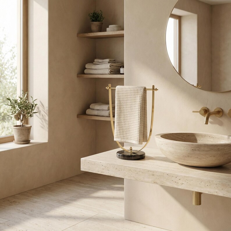 Portasciugamani in ottone lucido, base in marmo nero, accessorio moderno per il bagno. immagine 9
