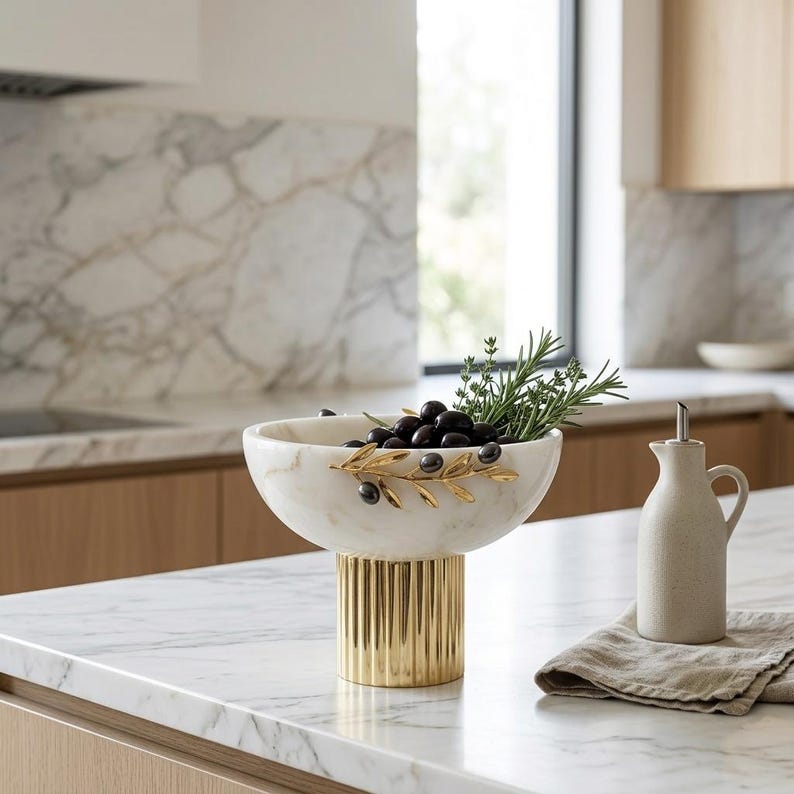 White Marble Bowl with Gold Pedestal & Olive Branch Accent image 3
