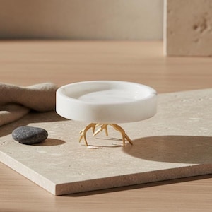 May include: A white marble dish with a circular design, elevated by a gold-colored, branch-like base. The dish is set on a light-colored, rectangular surface, with a small, dark gray stone and a folded beige cloth nearby. The design is minimalist.