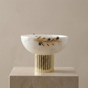 White Marble Bowl with Gold Pedestal & Olive Branch Accent image 7