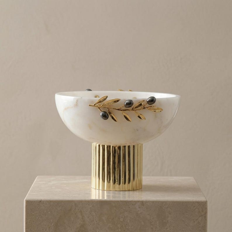 White Marble Bowl with Gold Pedestal & Olive Branch Accent image 7