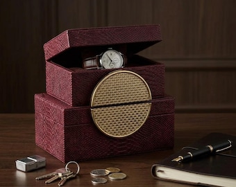 Burgundy Snake Leather Box With Brass Circle Detail