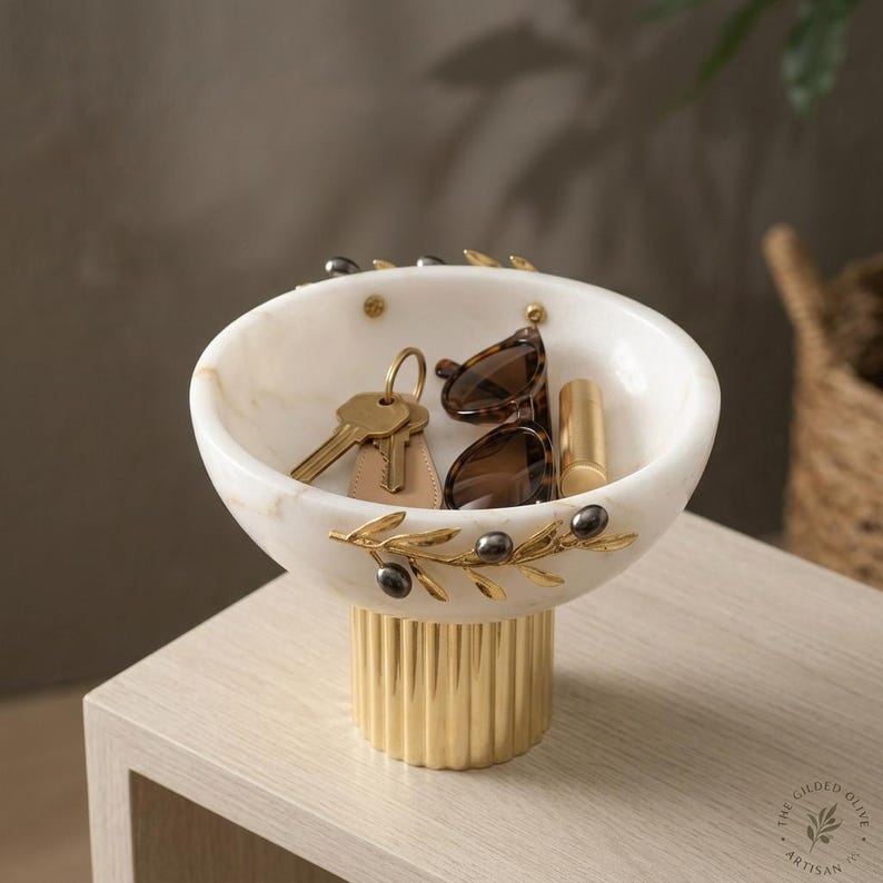 White Marble Bowl with Gold Pedestal & Olive Branch Accent image 5