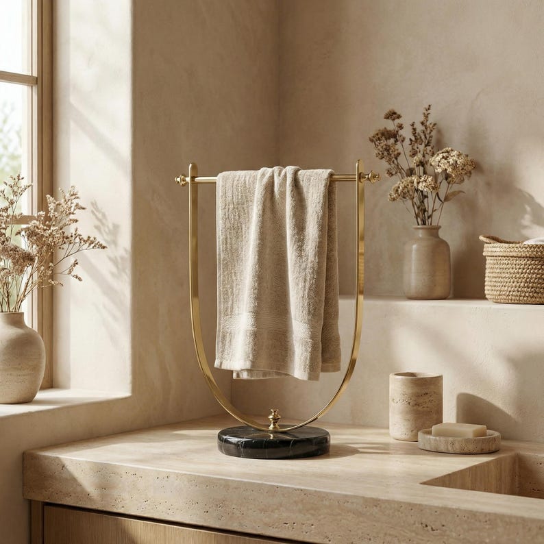 Portasciugamani in ottone lucido, base in marmo nero, accessorio moderno per il bagno. immagine 4