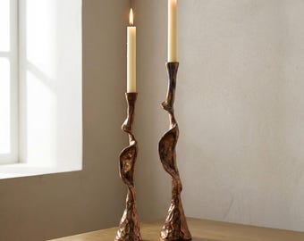 Hand-Cast Solid Brass Copper Finish Spiral Candle Holders, Sculptural Statement Decor