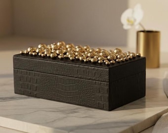 Handmade Black Leather Storage Box – Brass Bead Accent Lid