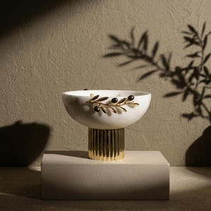 White Marble Bowl with Gold Pedestal & Olive Branch Accent image 6