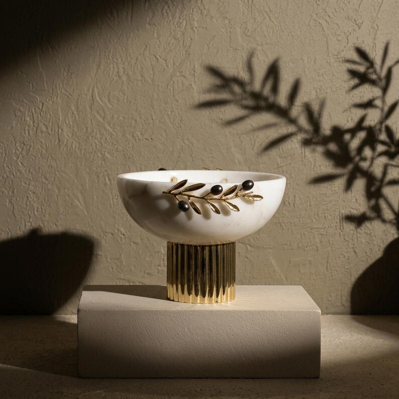 White Marble Bowl with Gold Pedestal & Olive Branch Accent image 6