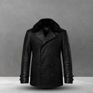 May include: A black leather double-breasted coat with a faux fur collar. The coat features a notched lapel, multiple buttons, and buckle details on the sleeves. The coat is set against a grey background.