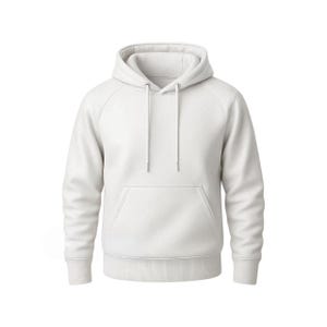 May include: A white hoodie with a drawstring hood and a kangaroo pocket. The long-sleeved sweatshirt has ribbed cuffs and hem. The garment is made of a soft, comfortable material.