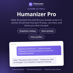 May include: A digital interface for Humanizer Pro by FlowLoom Automations. The dark purple graphic displays text features including a 32-pattern catalog, genre presets, and voice profiles. A chat box shows a transformation of AI-generated text.