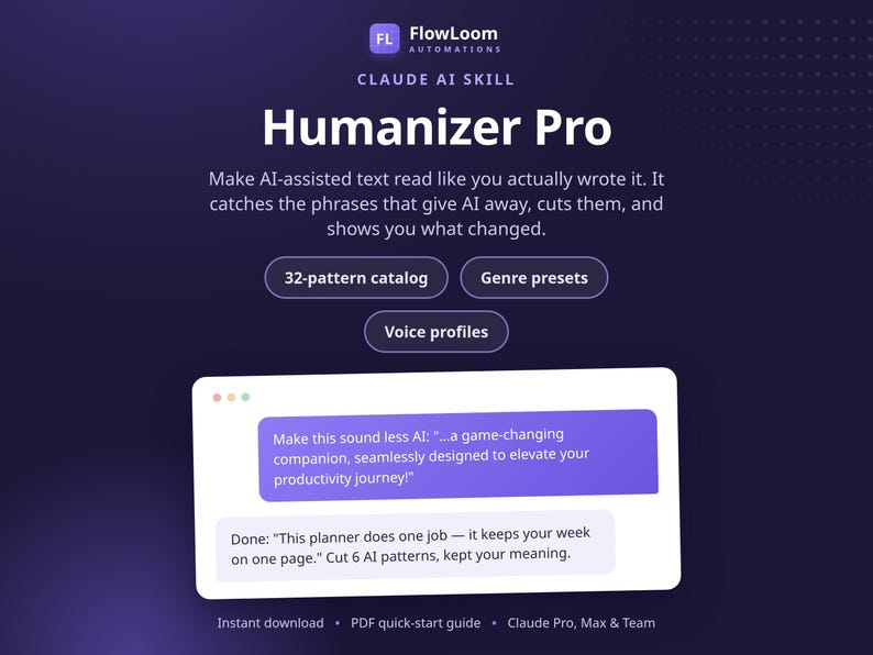 May include: A digital interface for Humanizer Pro by FlowLoom Automations. The dark purple graphic displays text features including a 32-pattern catalog, genre presets, and voice profiles. A chat box shows a transformation of AI-generated text.