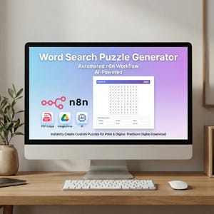 Könnte beinhalten: Ein Computermonitor zeigt eine Oberfläche eines Wortsuchrätsel-Generators. Der Bildschirm zeigt ein Wortsuchgitter mit dem Text "Word Search Puzzle Generator" und "Automated n8n Workflow AI-Powered". Symbole für PDF, Google Drive und KI sind ebenfalls zu sehen.