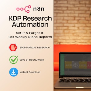Può includere: Laptop che mostra un'interfaccia di analisi dei dati, con il testo "KDP Research Automation". L'immagine include icone e testo: "Set It & Forget It", "Get Weekly Niche Reports", "STOP MANUAL RESEARCH", "Save 5+ Hours/Week" e "Instant Download".