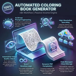 Può includere: Una pubblicità per un generatore di libri da colorare automatizzato. L'immagine mostra un laptop con una pagina di libro da colorare che esce dallo schermo, trasformandosi in un documento PDF. L'immagine include testo come "Automated Coloring Book Generator" e "AI-Driven Prompt Engineering."