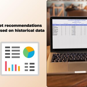 May include: A laptop displaying a spreadsheet titled "Historical Performance Tracking" sits on a wooden table. The screen shows data in a grid format. A graphic with charts and graphs is to the left, with the text "Get recommendations based on historical data".