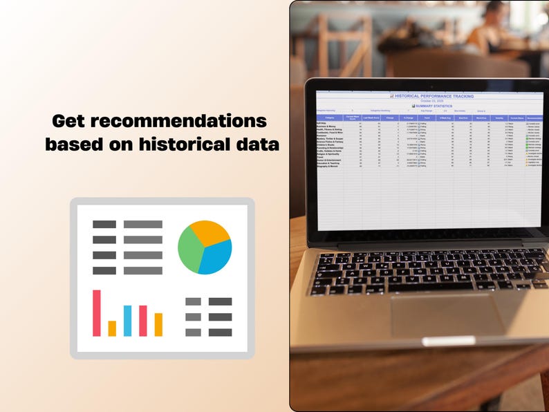 May include: A laptop displaying a spreadsheet titled "Historical Performance Tracking" sits on a wooden table. The screen shows data in a grid format. A graphic with charts and graphs is to the left, with the text "Get recommendations based on historical data".