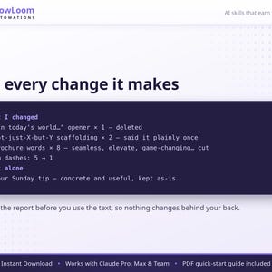 May include: A digital graphic featuring the FlowLoom Automations logo and the heading See every change it makes. A dark purple text box displays a list of edits including deleted openers, simplified phrasing, and reduced em dashes, plus a section for items left alone.