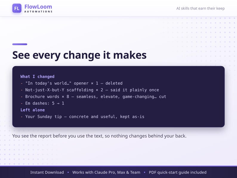May include: A digital graphic featuring the FlowLoom Automations logo and the heading See every change it makes. A dark purple text box displays a list of edits including deleted openers, simplified phrasing, and reduced em dashes, plus a section for items left alone.