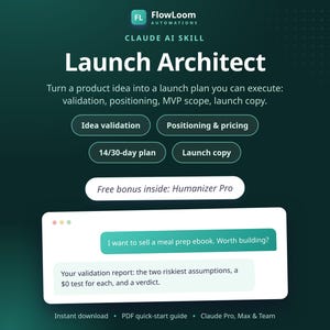 May include: A dark green digital graphic titled FlowLoom Automations Claude AI Skill Launch Architect. It lists features like idea validation, positioning, pricing, 14/30-day plan, launch copy, and a free bonus Humanizer Pro. A chat box shows a meal prep ebook query.