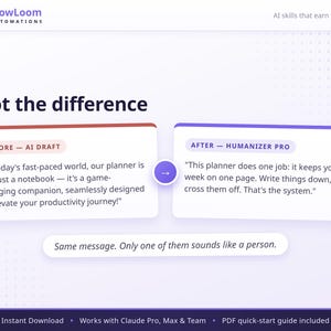 May include: A digital graphic titled Spot the difference by FlowLoom Automations. It compares two text blocks: Before - AI Draft, featuring a wordy paragraph, and After - Humanizer Pro, showing a concise version. A purple arrow connects them.