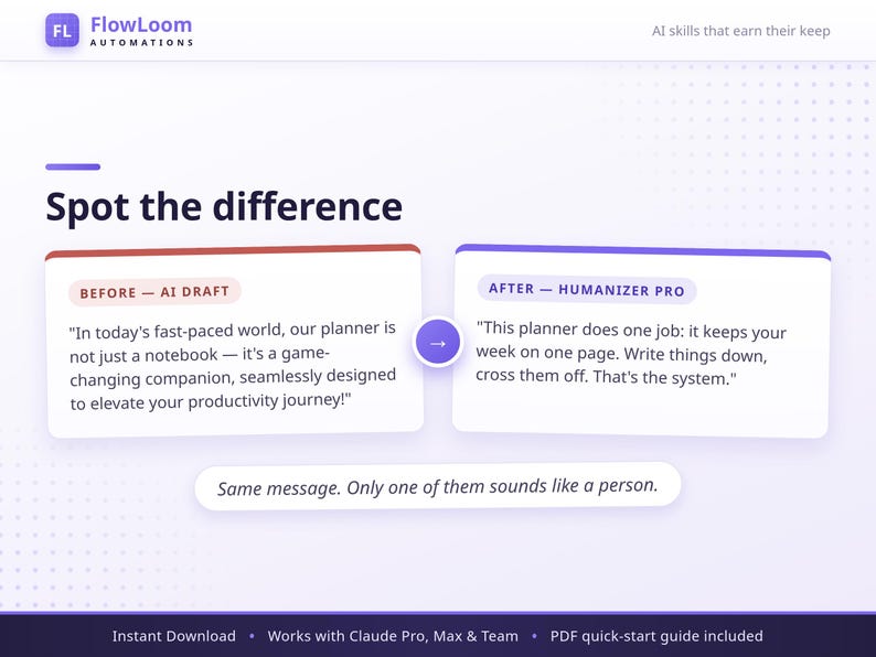 May include: A digital graphic titled Spot the difference by FlowLoom Automations. It compares two text blocks: Before - AI Draft, featuring a wordy paragraph, and After - Humanizer Pro, showing a concise version. A purple arrow connects them.