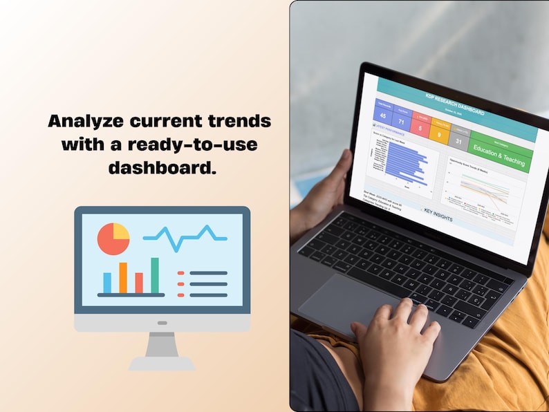 May include: A laptop displaying a data dashboard with charts and graphs. The screen shows various data visualizations, including bar graphs and line charts. Text on the screen reads "Education & Teaching" and "Key Insights". The image also includes a desktop monitor with a similar dashboard.