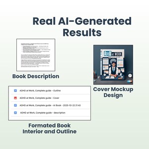 Pu&ograve; includere: Un'immagine che mostra risultati generati dall'IA. Include una descrizione del libro, un design di mockup di copertina e un interno e un layout del libro formattati. Il mockup della copertina presenta il testo "ADHD AT WORK COMPLETE GUIDE".
