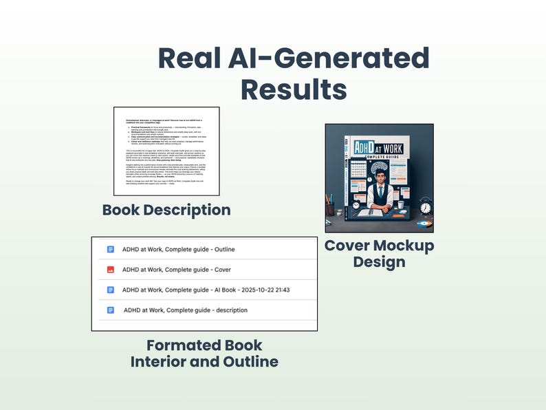 Pu&ograve; includere: Un'immagine che mostra risultati generati dall'IA. Include una descrizione del libro, un design di mockup di copertina e un interno e un layout del libro formattati. Il mockup della copertina presenta il testo "ADHD AT WORK COMPLETE GUIDE".