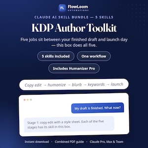 May include: A digital graphic for the FlowLoom Automations KDP Author Toolkit, a bundle of five skills. The text reads: Claude AI Skill Bundle, KDP Author Toolkit, Five jobs sit between your finished draft and launch day, 5 skills included, One workflow, Includes Humanizer Pro, Copy edit, humanize, blurb, keywords, launch, and a chat box showing: My draft is finished. What now? Stage 1: copy edit with a style sheet.
