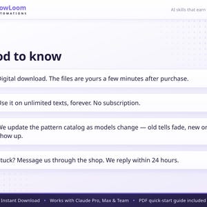May include: A white informational graphic titled Good to know with the FlowLoom Automations logo. It lists four bullet points regarding digital download, unlimited use, pattern catalog updates, and customer support, plus footer text.