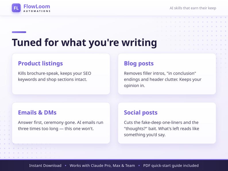 May include: A white digital interface titled FlowLoom Automations with the heading Tuned for what you're writing. It features four white rectangular boxes detailing AI services for product listings, blog posts, emails, DMs, and social posts, with a footer noting Instant Download, Works with Claude Pro, Max & Team, and PDF quick-start guide included.