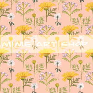May include: A repeating pattern of watercolor flowers in yellow, white, and purple on a peach background. The design includes daisies, clover, and other wildflowers. The text "MIME ART SHOP" is overlaid on the image.